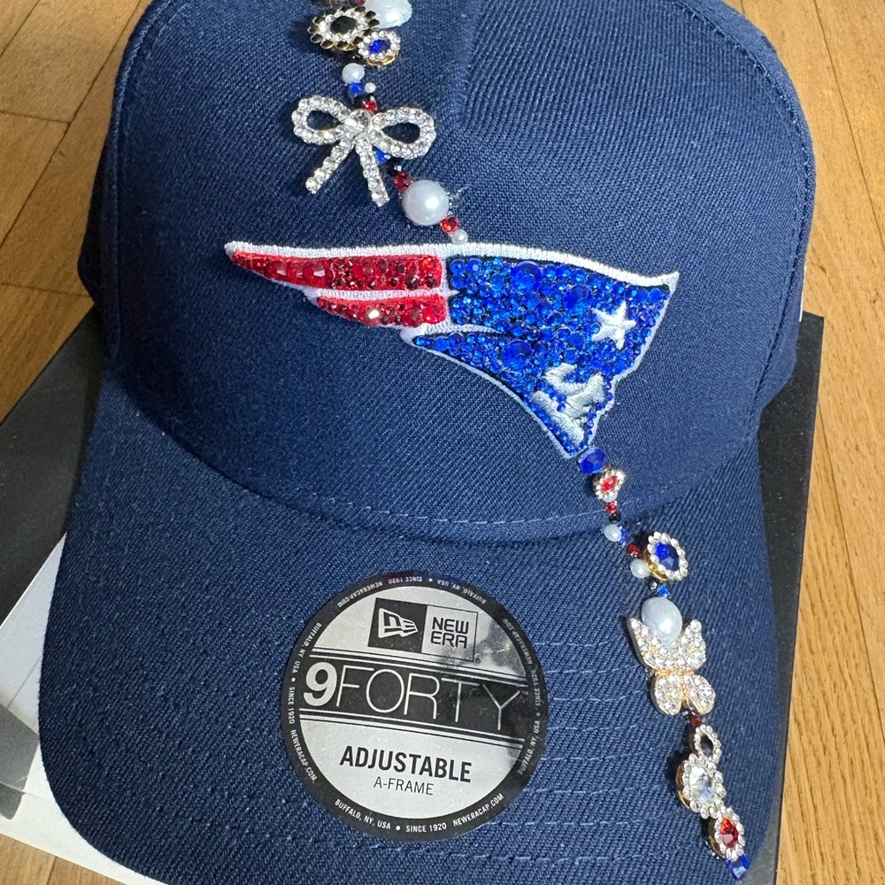 New Era Navy Cap with Red and Blue Embellishments. Hand customized